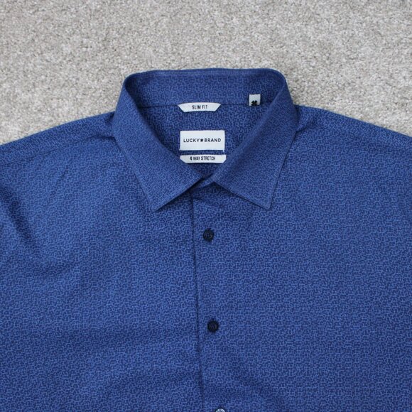 Lucky Brand Shirt Mens XL (17/17.5, 34/35) Blue Geometric Slim Fit 4 Way Stretch - Picture 6 of 13